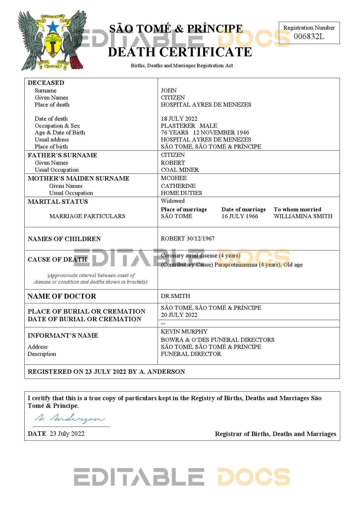 Fillable Sao Tome and Principe Death PDF Templates | Blank Docs