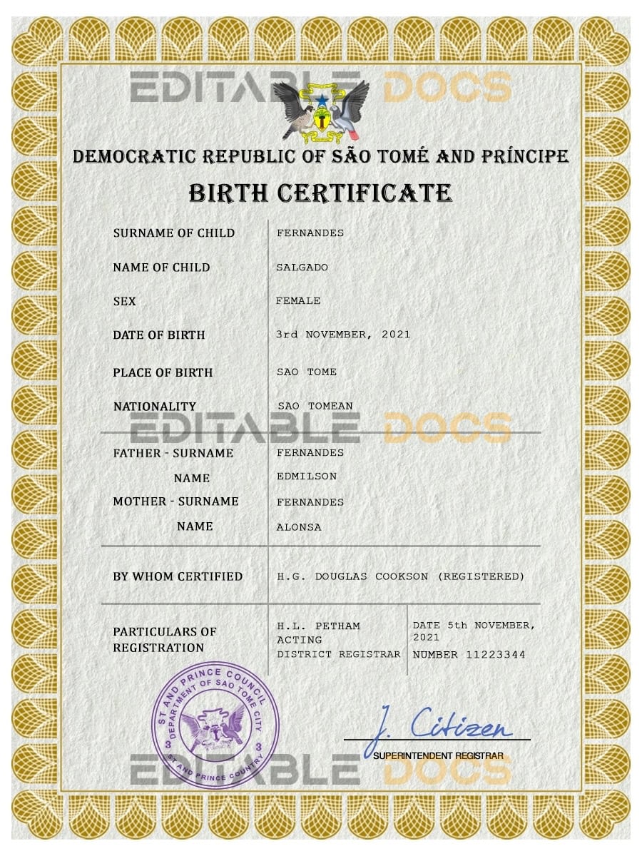 Authentic Sao Tome and Principe Birth Certificate Template | Customize and Download Online