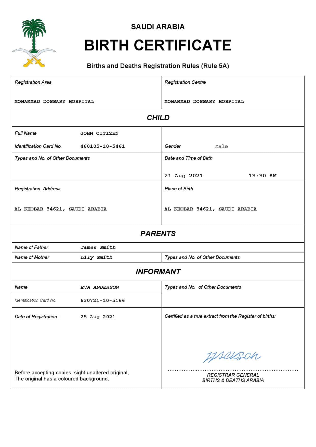 Authentic Saudi Birth Certificate Template | Customize and Download Online