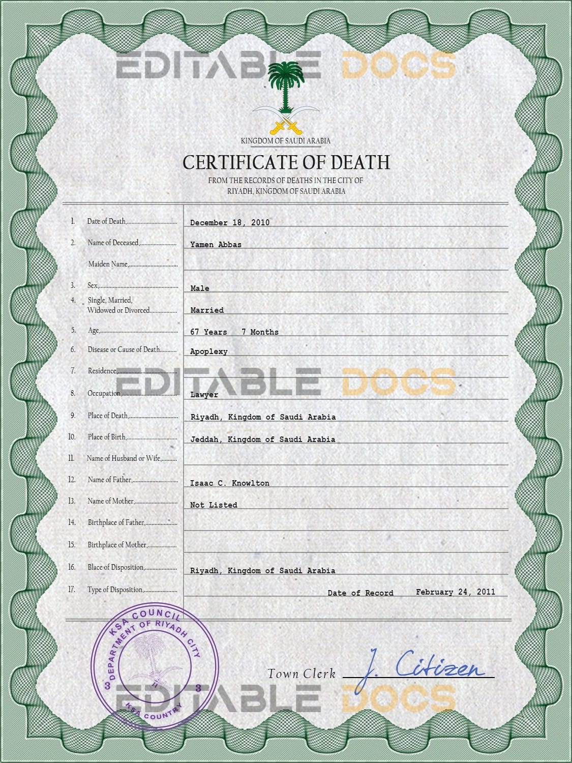 Customizable Saudi Arabia Death Certificate PSD Templates | Instant Download