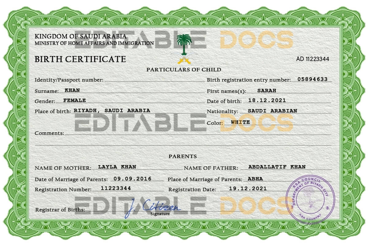 Authentic Saudi Arabia Birth Certificate Template | Customize and Download Online