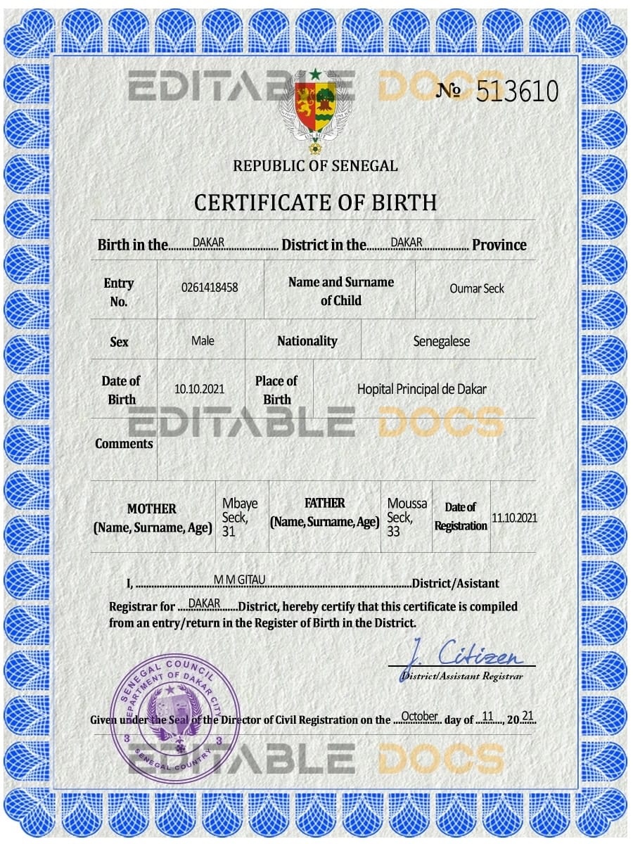 Authentic Senegal Birth Certificate Template | Customize and Download Online