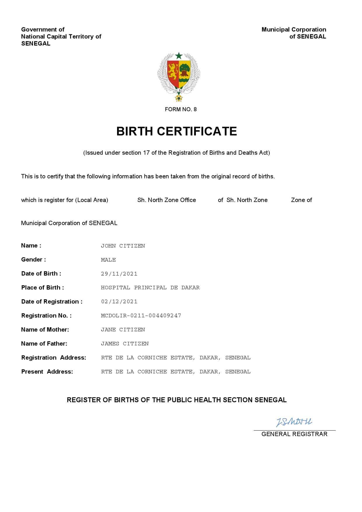 Authentic Senegal Birth Certificate Template | Customize and Download Online