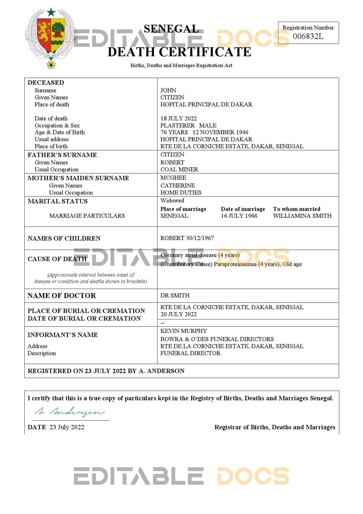Fillable Senegal Death PDF Templates | Blank Docs