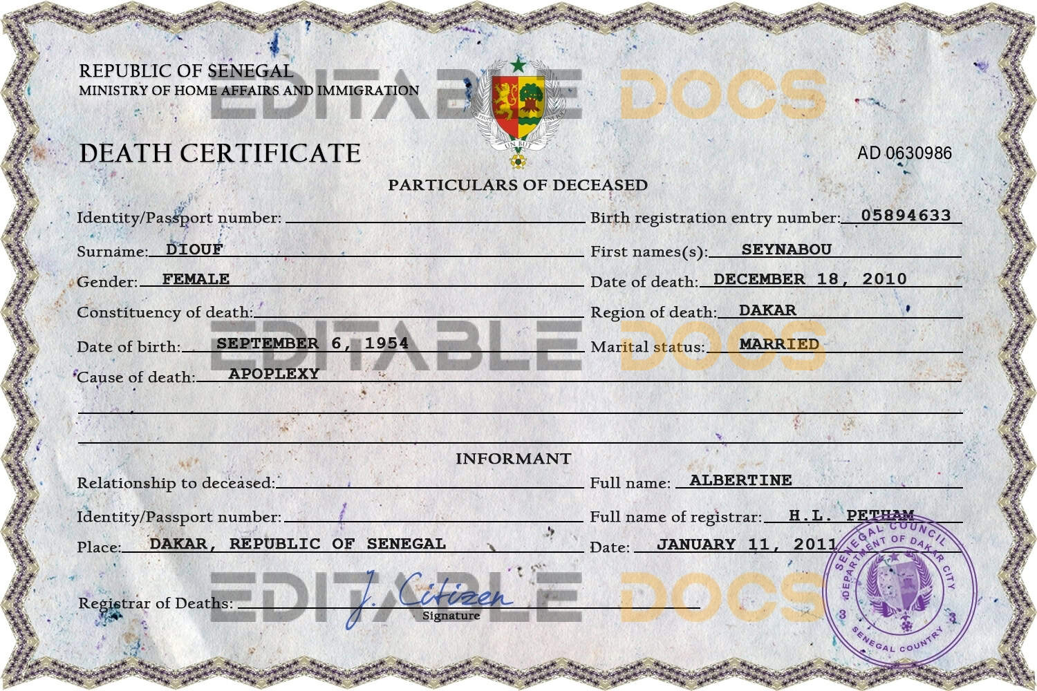 Customizable Senegal Death Certificate PSD Templates | Instant Download