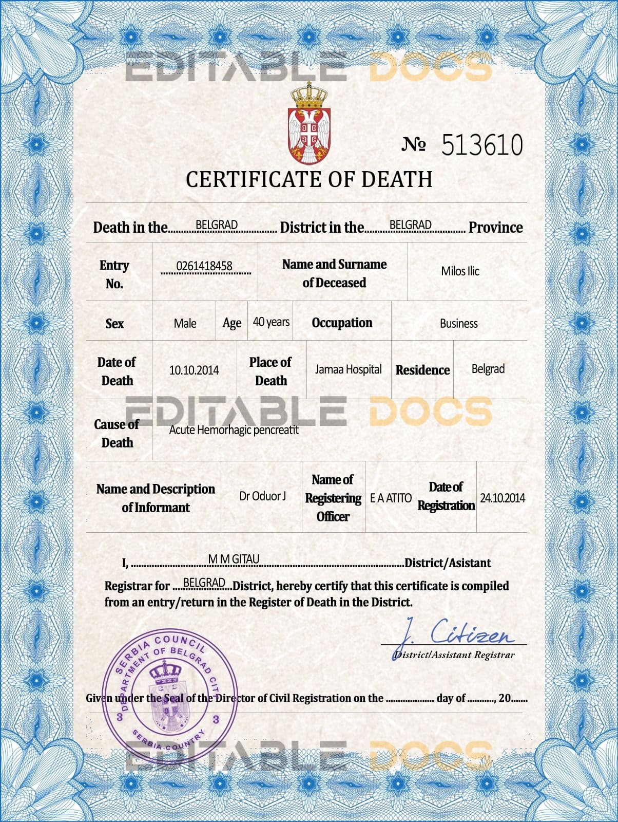 Customizable Serbia Death Certificate PSD Templates | Instant Download