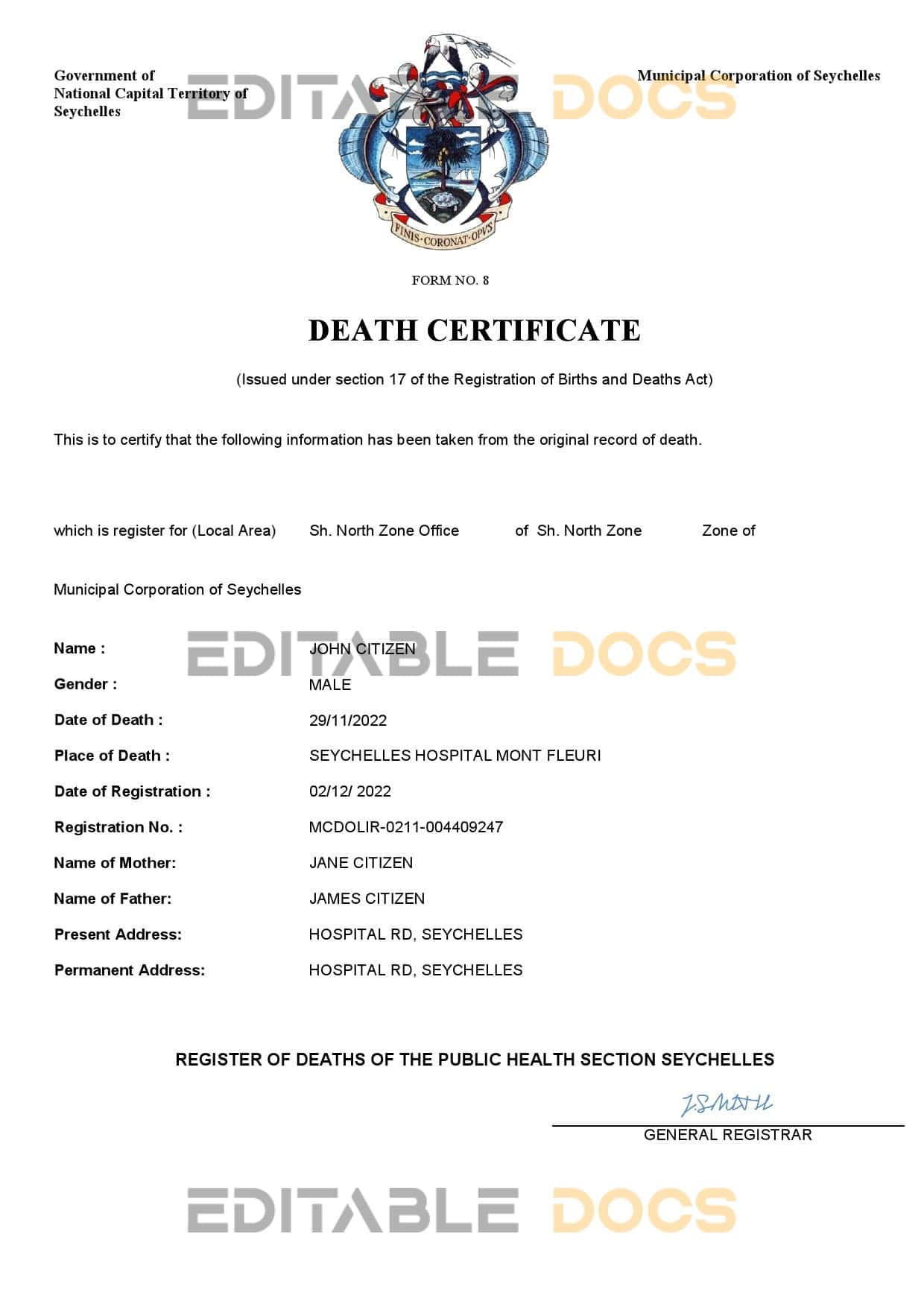 Fillable Seychelles Death PDF Templates | Blank Docs