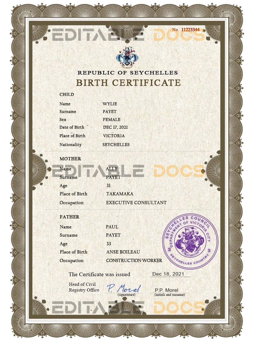 Authentic Seychelles Birth Certificate Template | Customize and Download Online