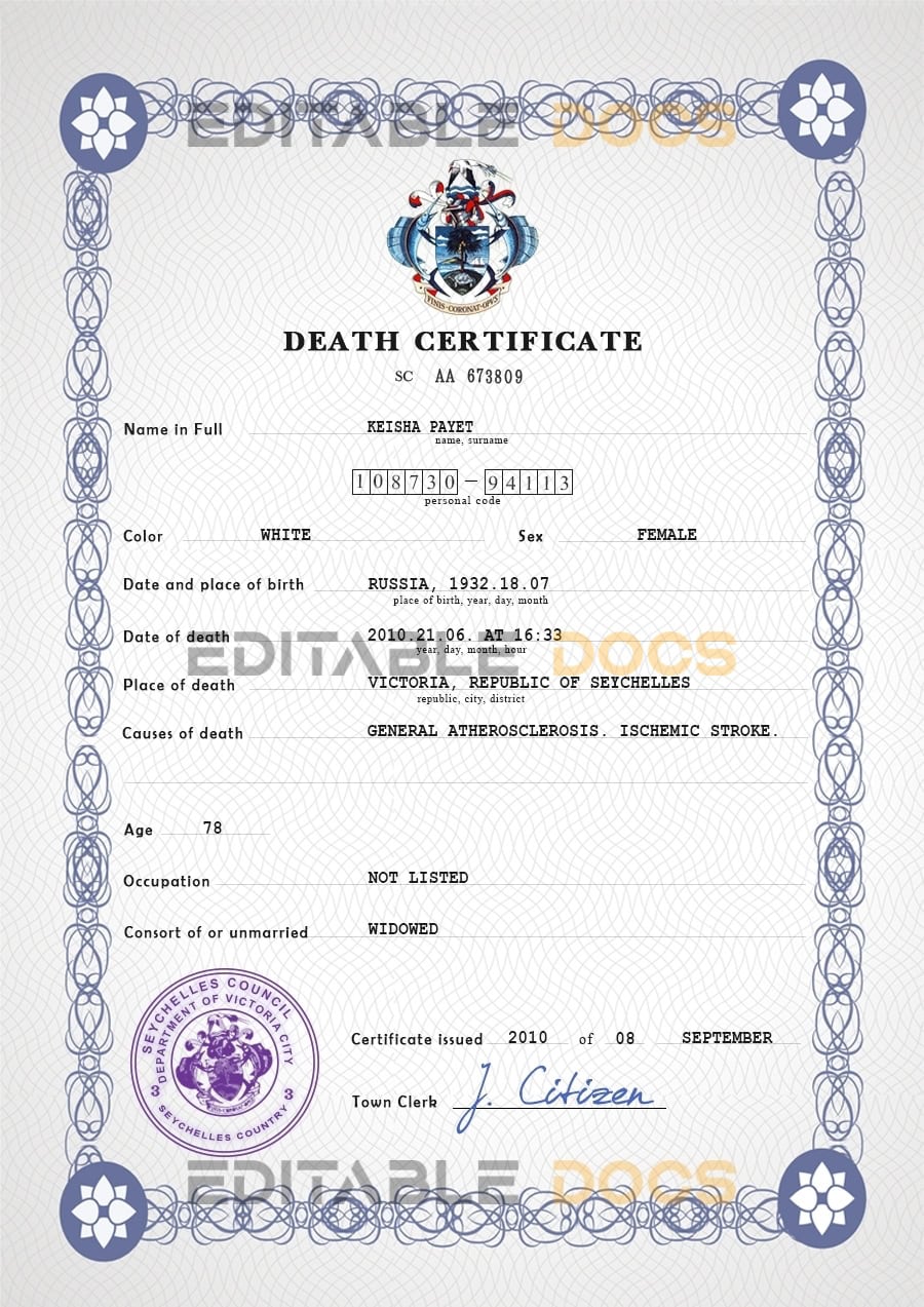 Customizable Seychelles Death Certificate PSD Templates | Instant Download