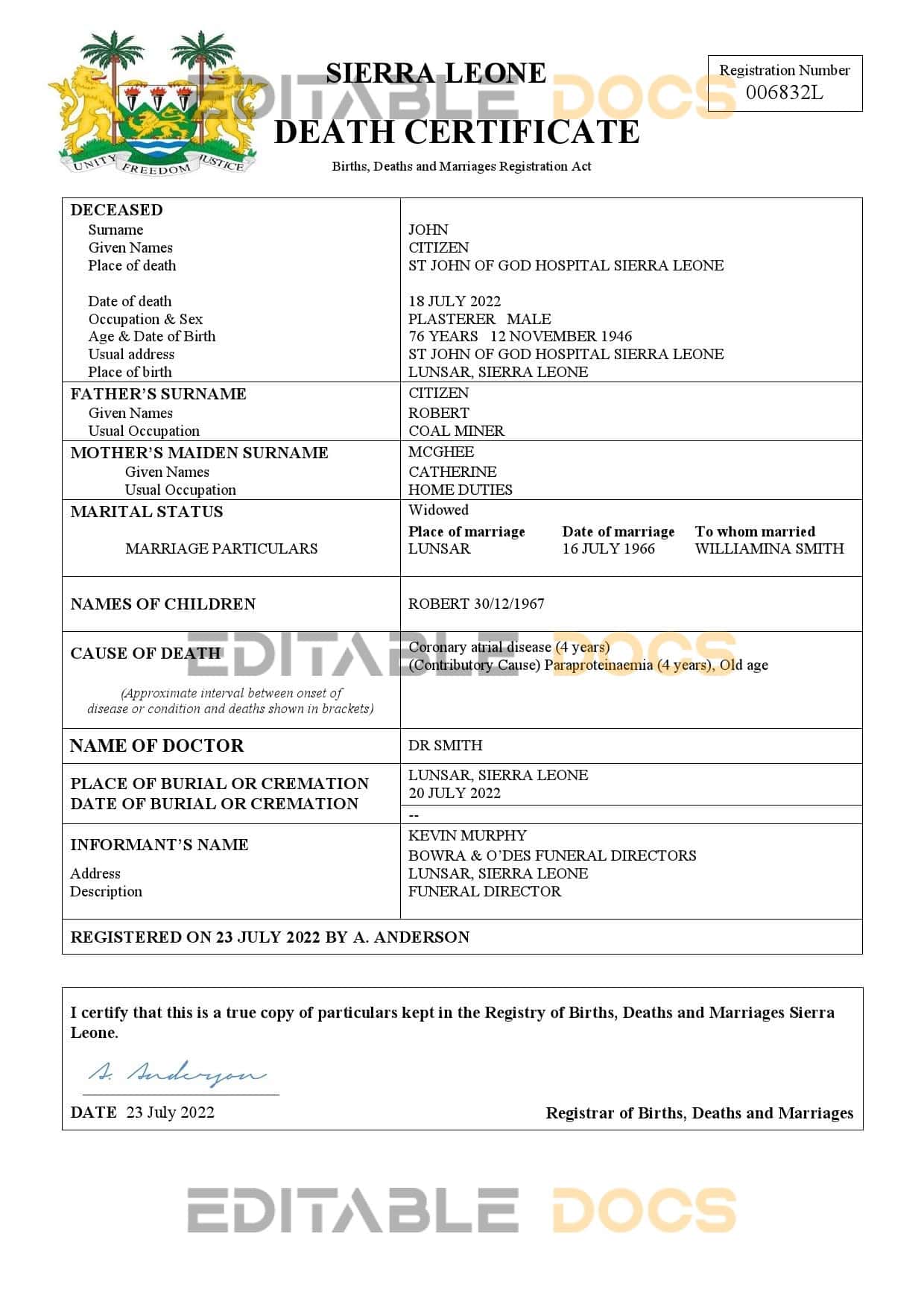 Fillable Sierra Leone Death PDF Templates | Blank Docs
