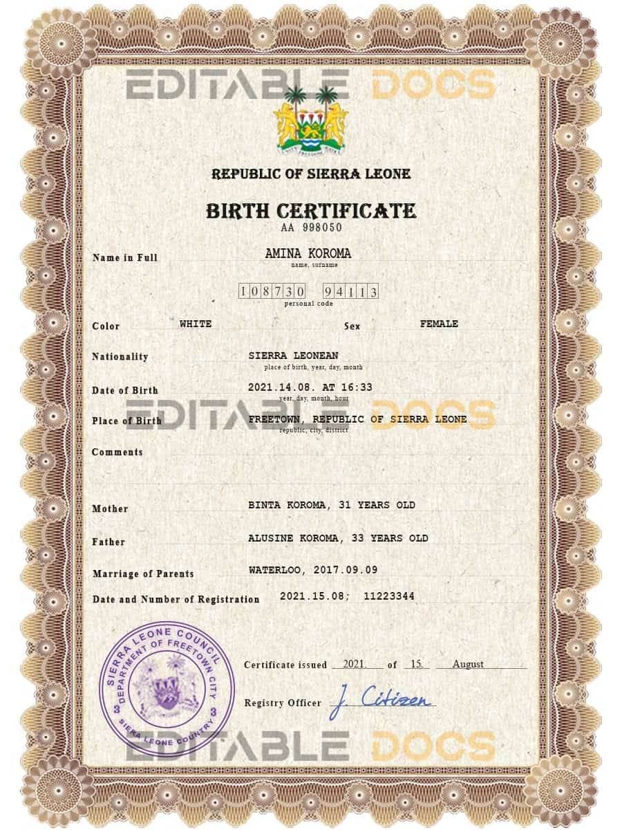 Authentic Sierra Leone Birth Certificate Template | Customize and Download Online