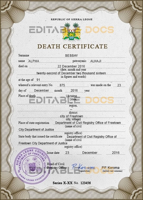 Customizable Sierra Leone Death Certificate PSD Templates | Instant Download