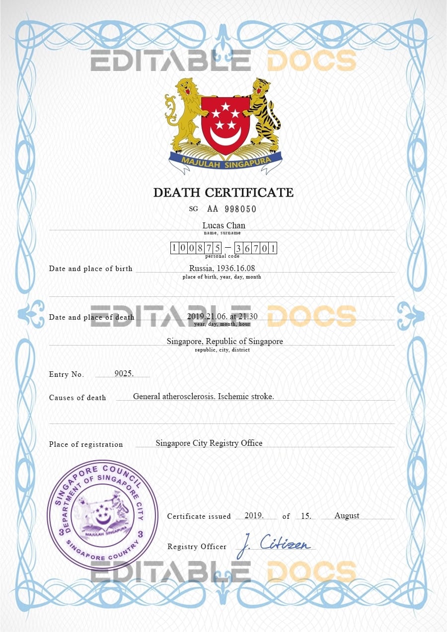 Customizable Singapore Death Certificate PSD Templates | Instant Download