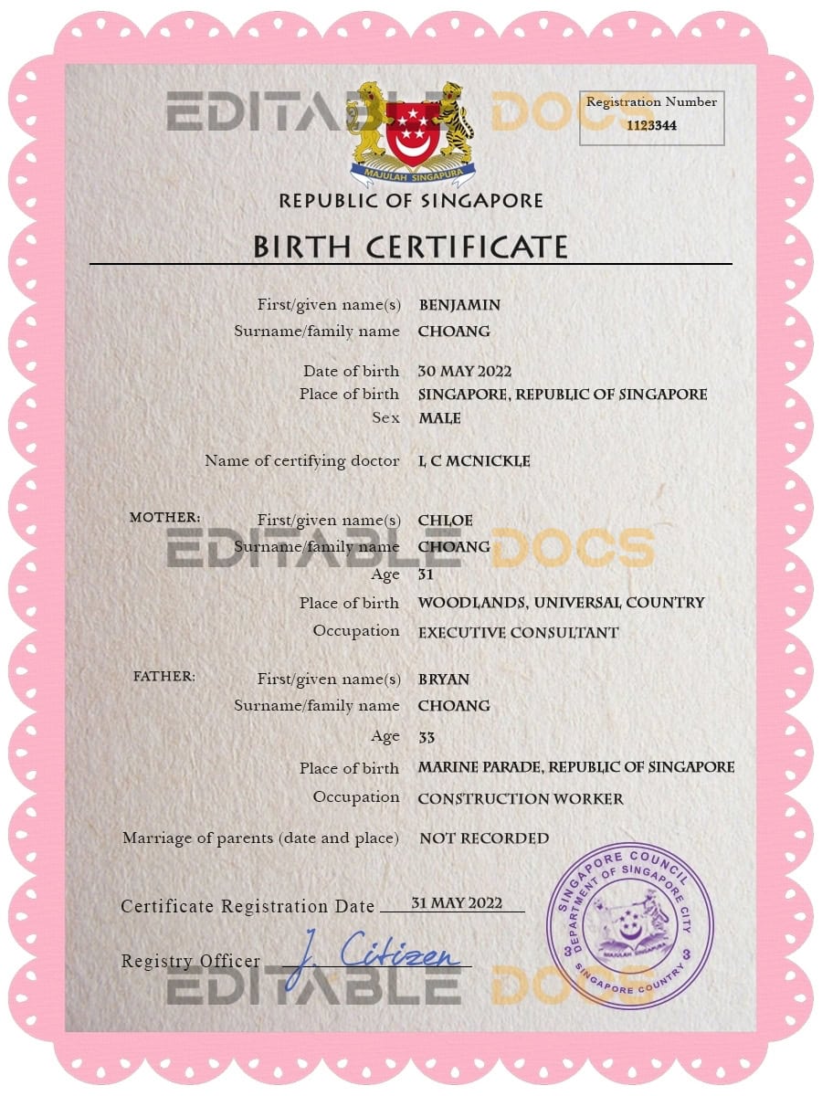 Authentic Singapore Birth Certificate Template | Customize and Download Online