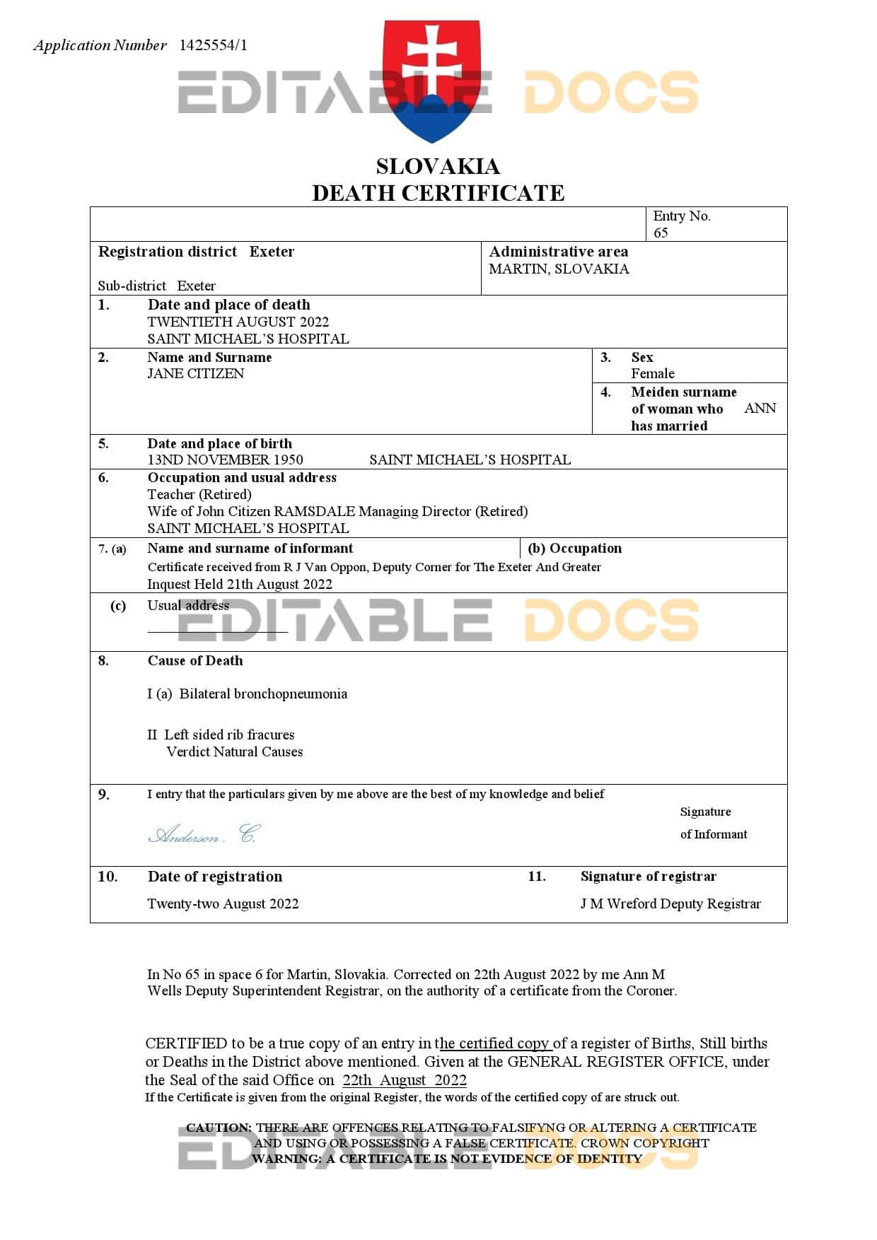 Fillable Slovakia Death PDF Templates | Blank Docs