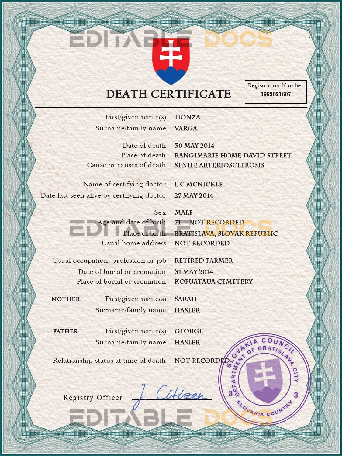 Customizable Slovakia Death Certificate PSD Templates | Instant Download