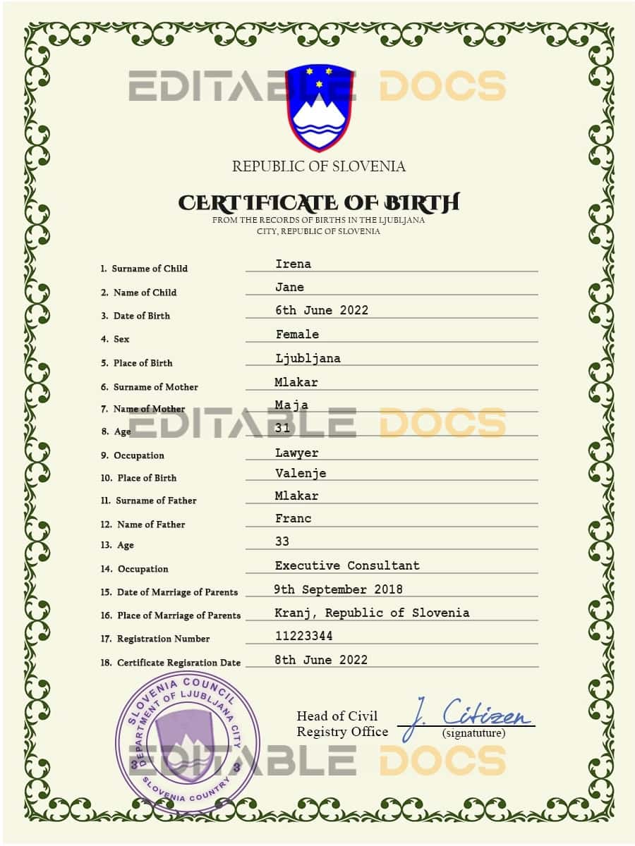 Authentic Slovenia Birth Certificate Template | Customize and Download Online