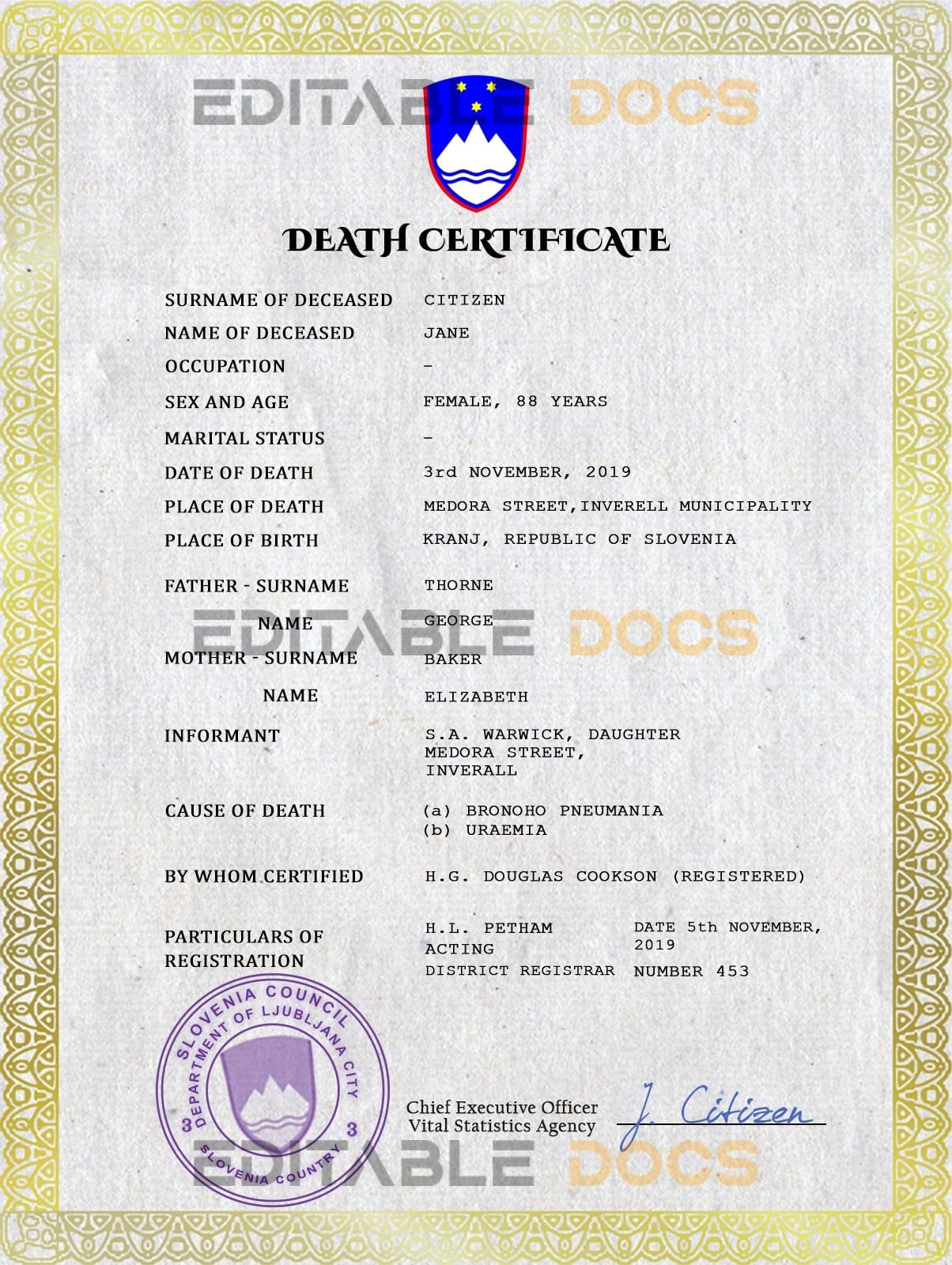 Customizable Slovenia Death Certificate PSD Templates | Instant Download