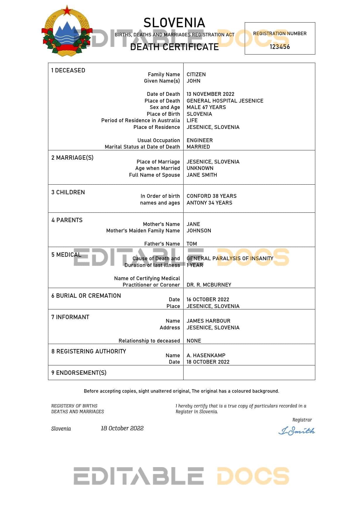Fillable Slovenia Death PDF Templates | Blank Docs