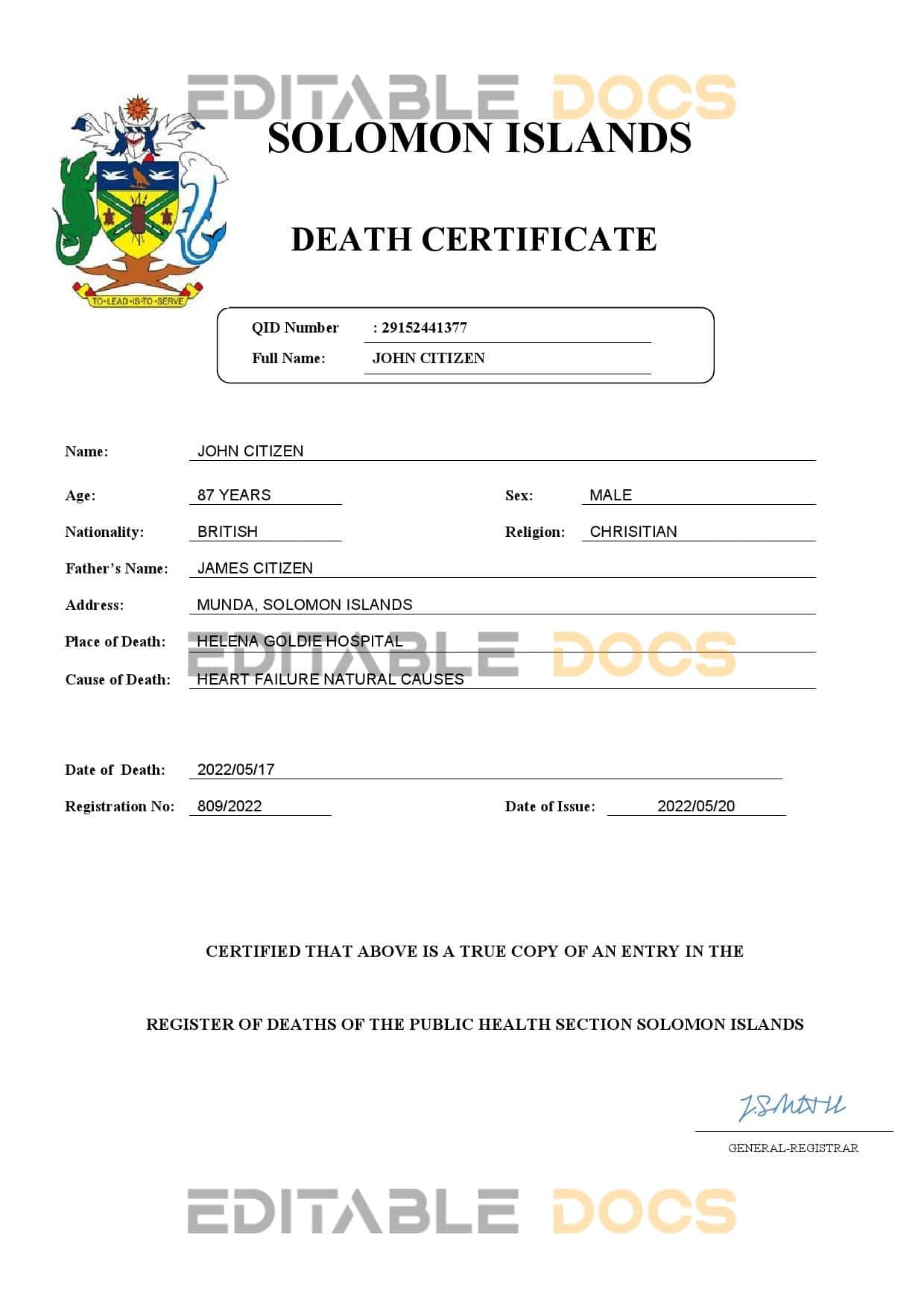 Fillable Solomon Islands Death PDF Templates | Blank Docs