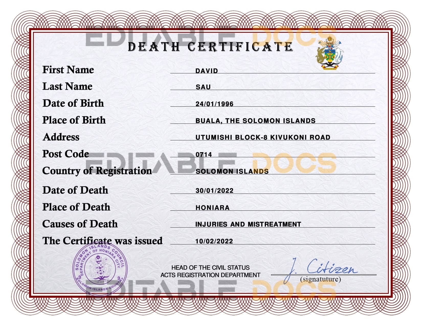 Customizable Solomon Death Certificate PSD Templates | Instant Download