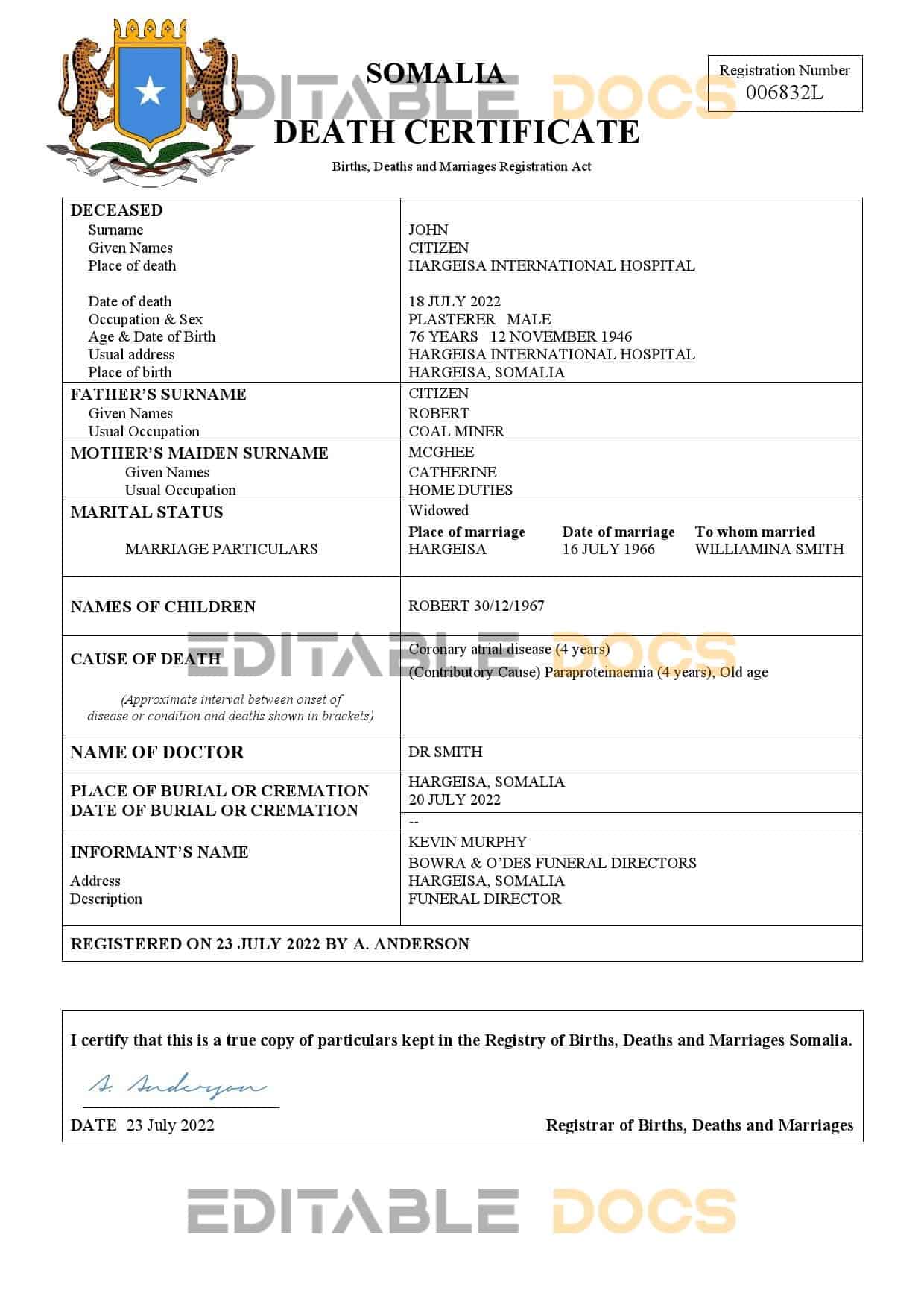 Fillable Somalia Death PDF Templates | Blank Docs