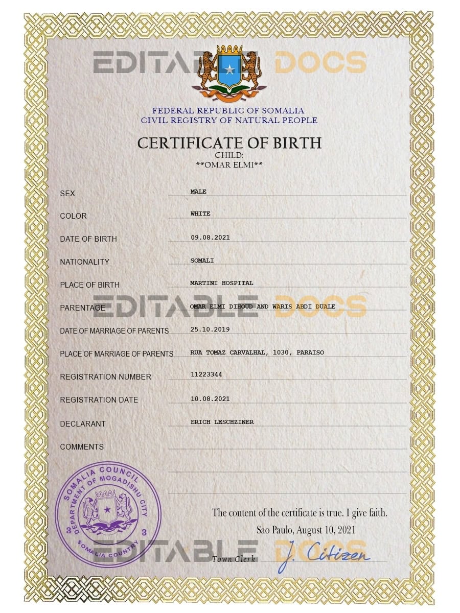 Authentic Somalia Birth Certificate Template | Customize and Download Online