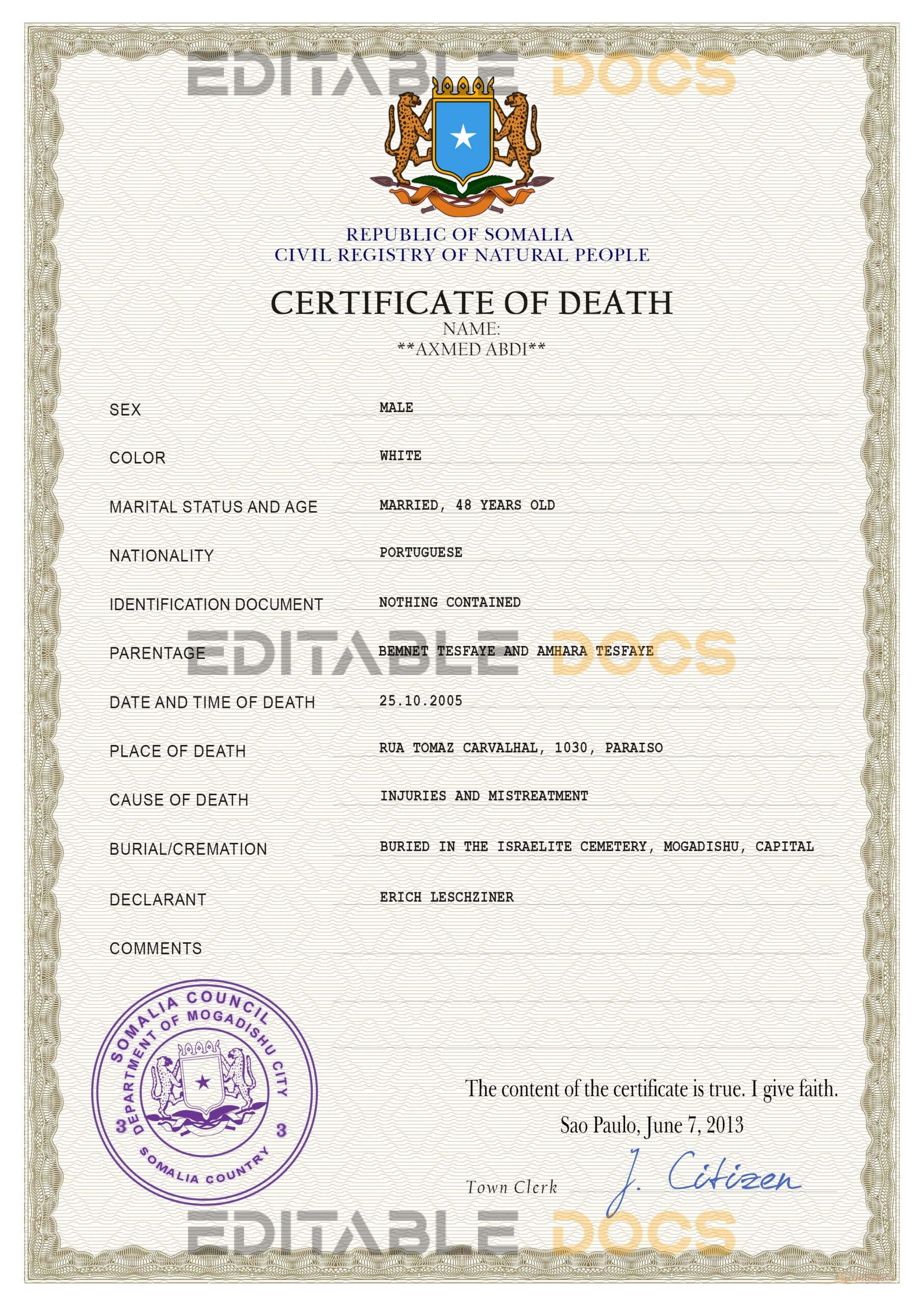 Customizable Somalia Death Certificate PSD Templates | Instant Download