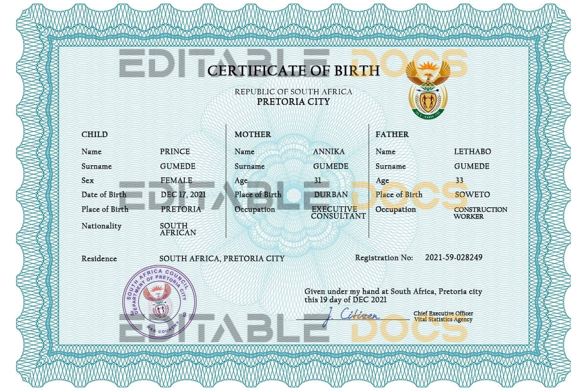Authentic South Africa Birth Certificate Template | Customize and Download Online