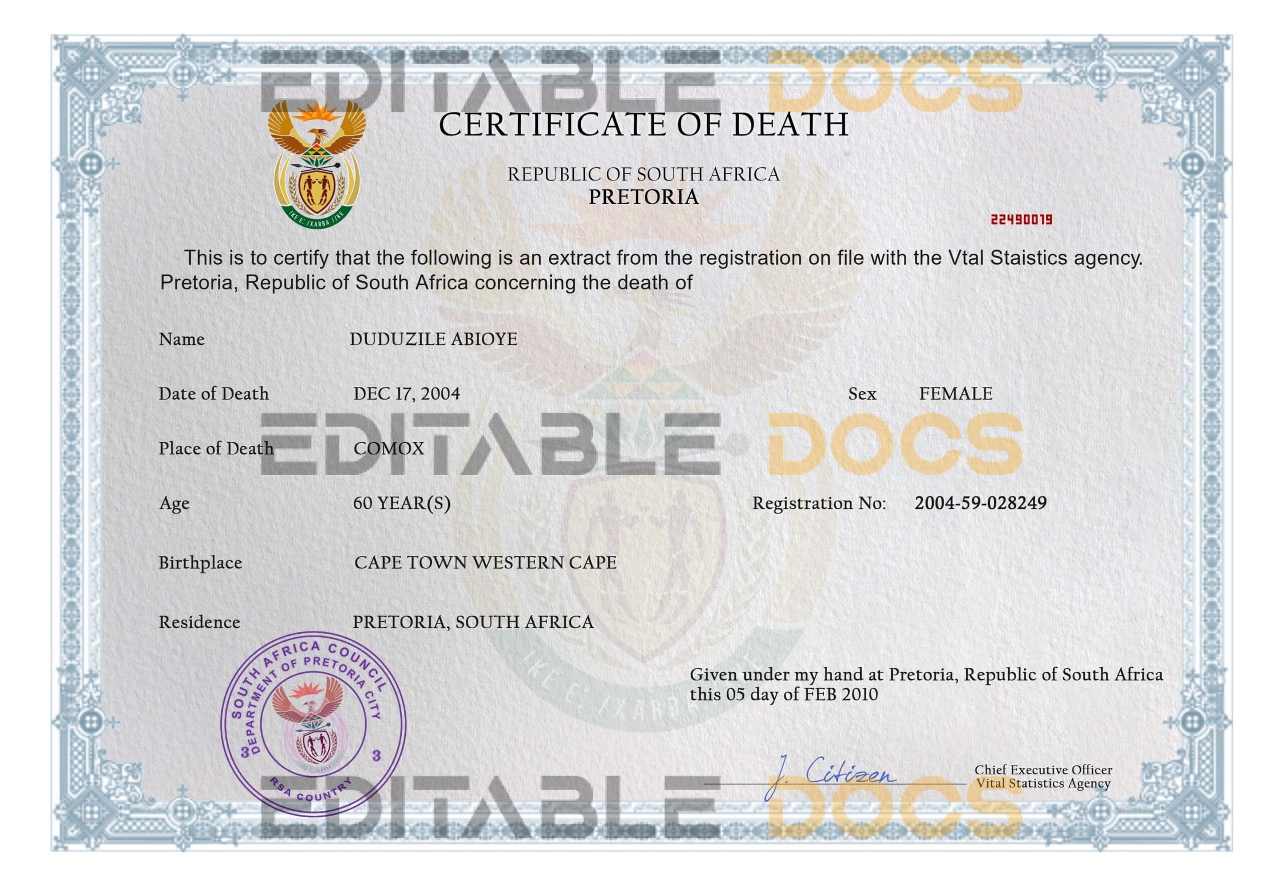 Customizable South Africa Death Certificate PSD Templates | Instant Download