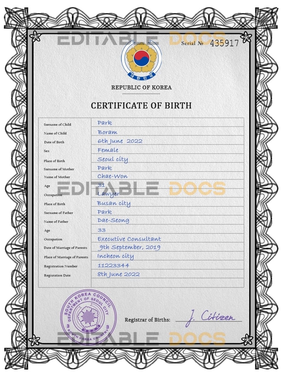Authentic South Korea Birth Certificate Template | Customize and Download Online