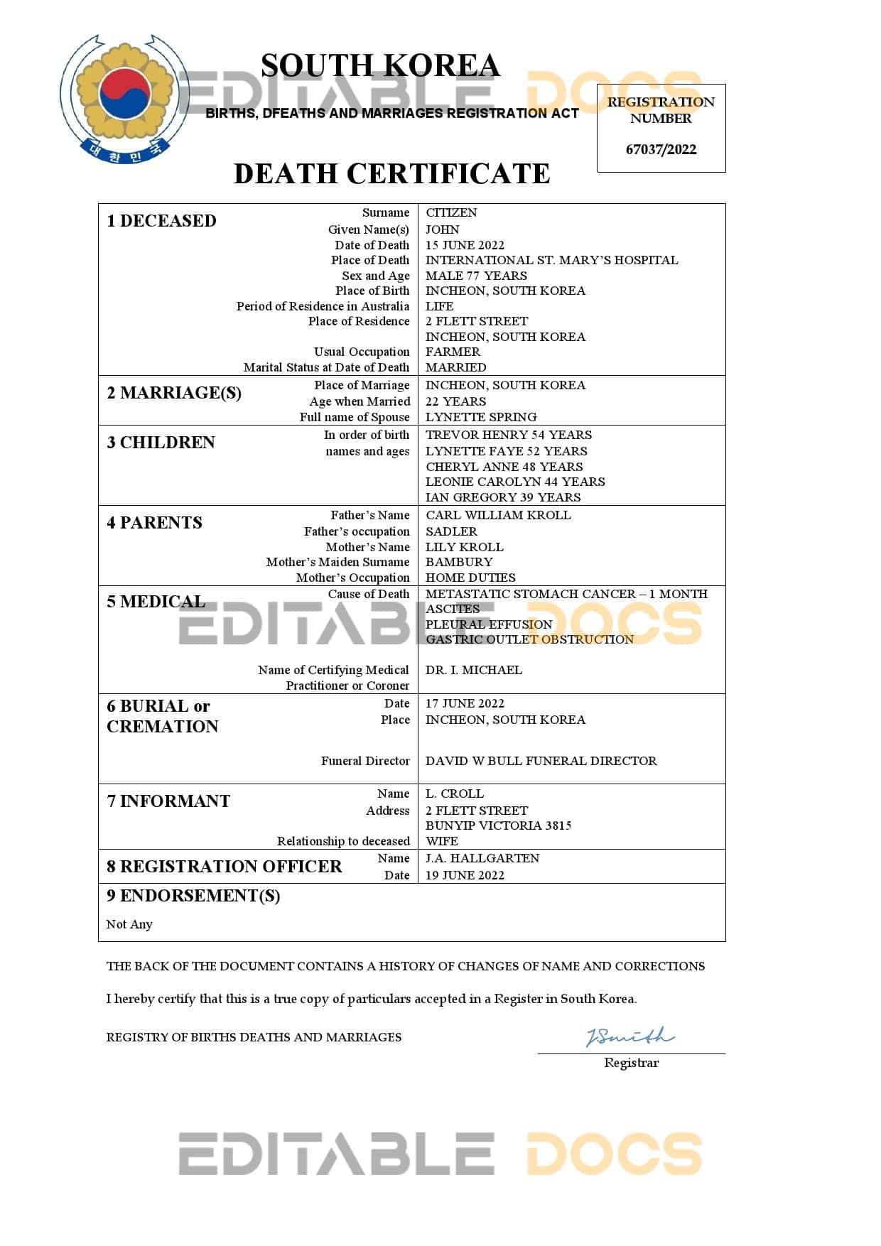 Fillable South Korea Death PDF Templates | Blank Docs