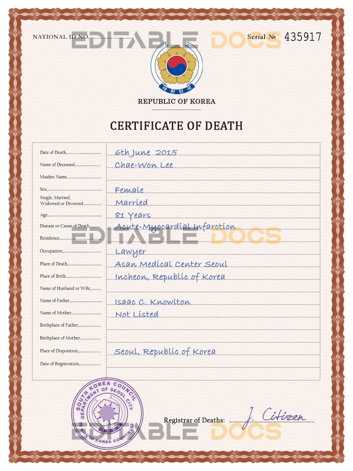 Customizable South Korea Death Certificate PSD Templates | Instant Download