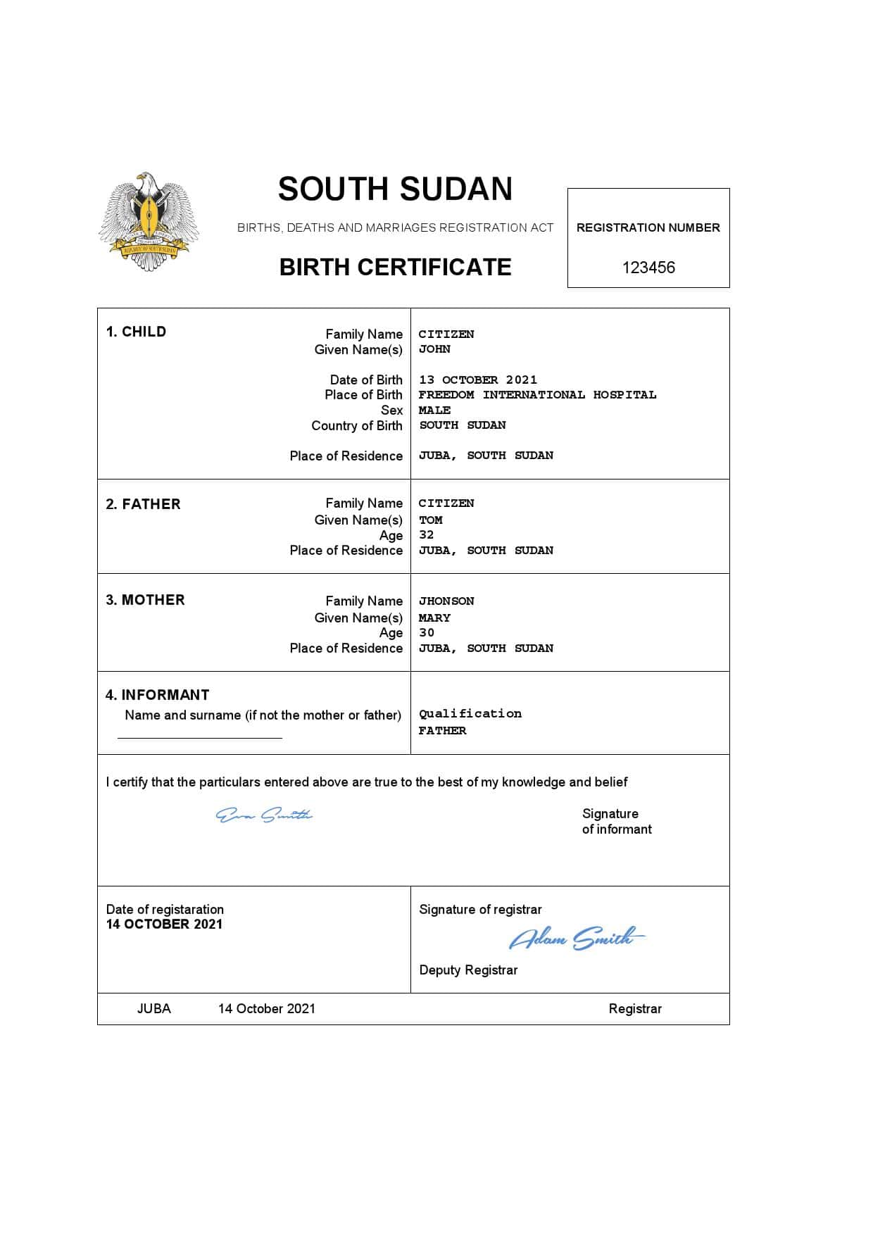 Authentic South Sudan Birth Certificate Template | Customize and Download Online