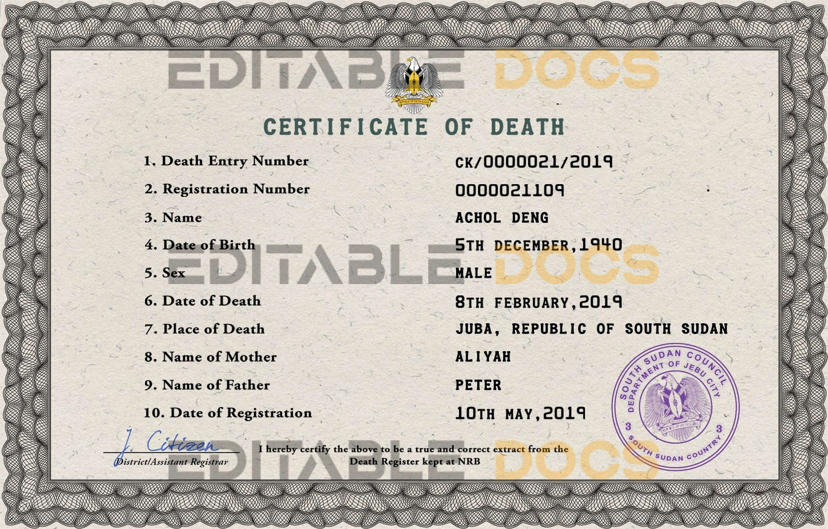 Customizable South Sudan Death Certificate PSD Templates | Instant Download
