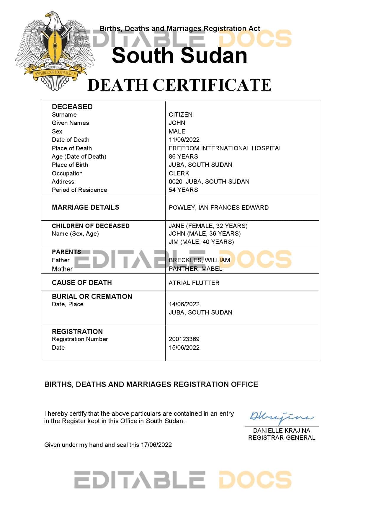 Fillable South Sudan Death PDF Templates | Blank Docs