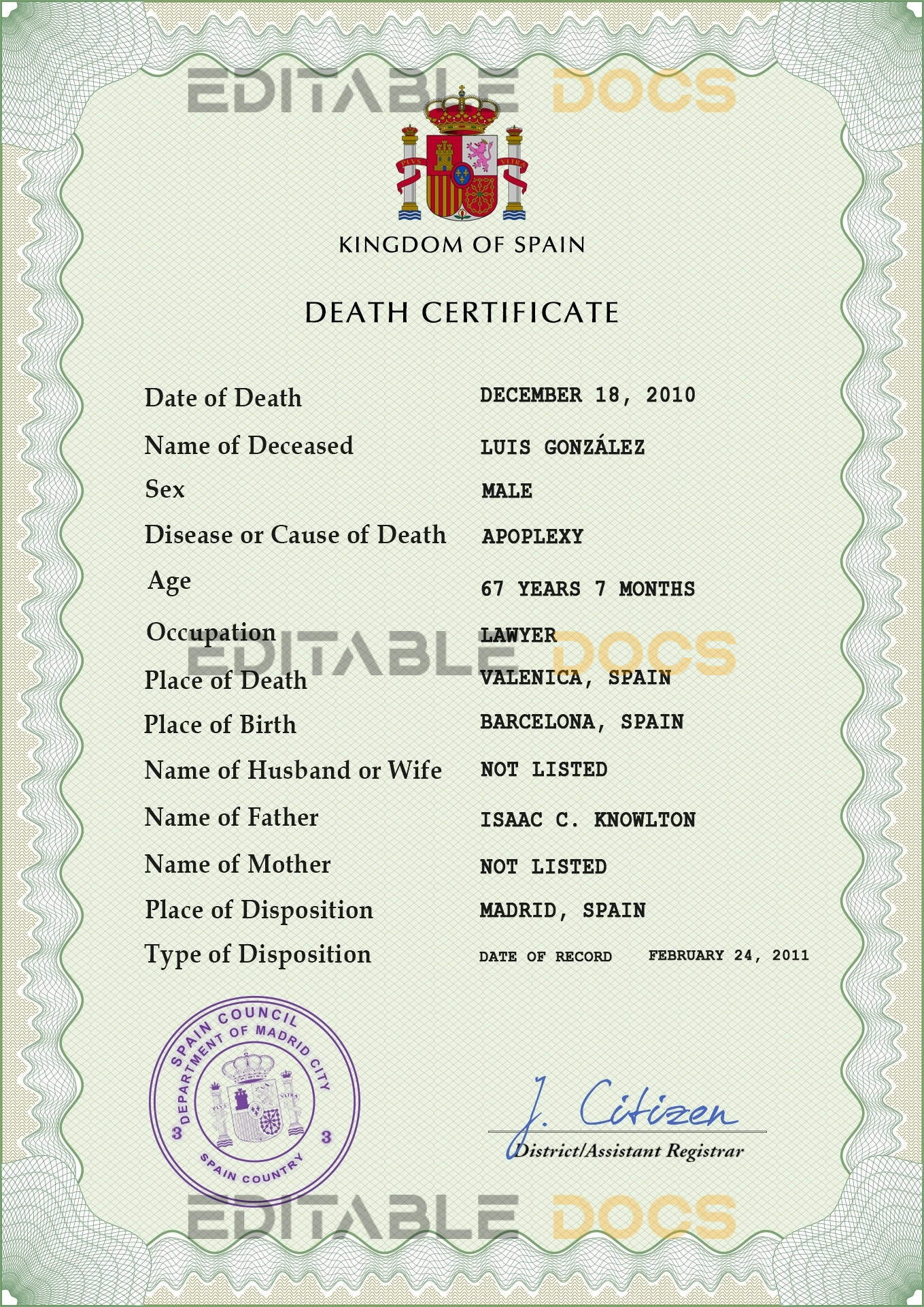 Customizable Spain Death Certificate PSD Templates | Instant Download