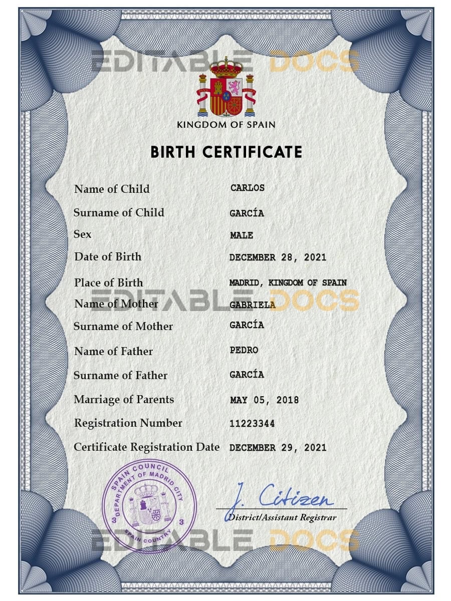 Authentic Spain Birth Certificate Template | Customize and Download Online
