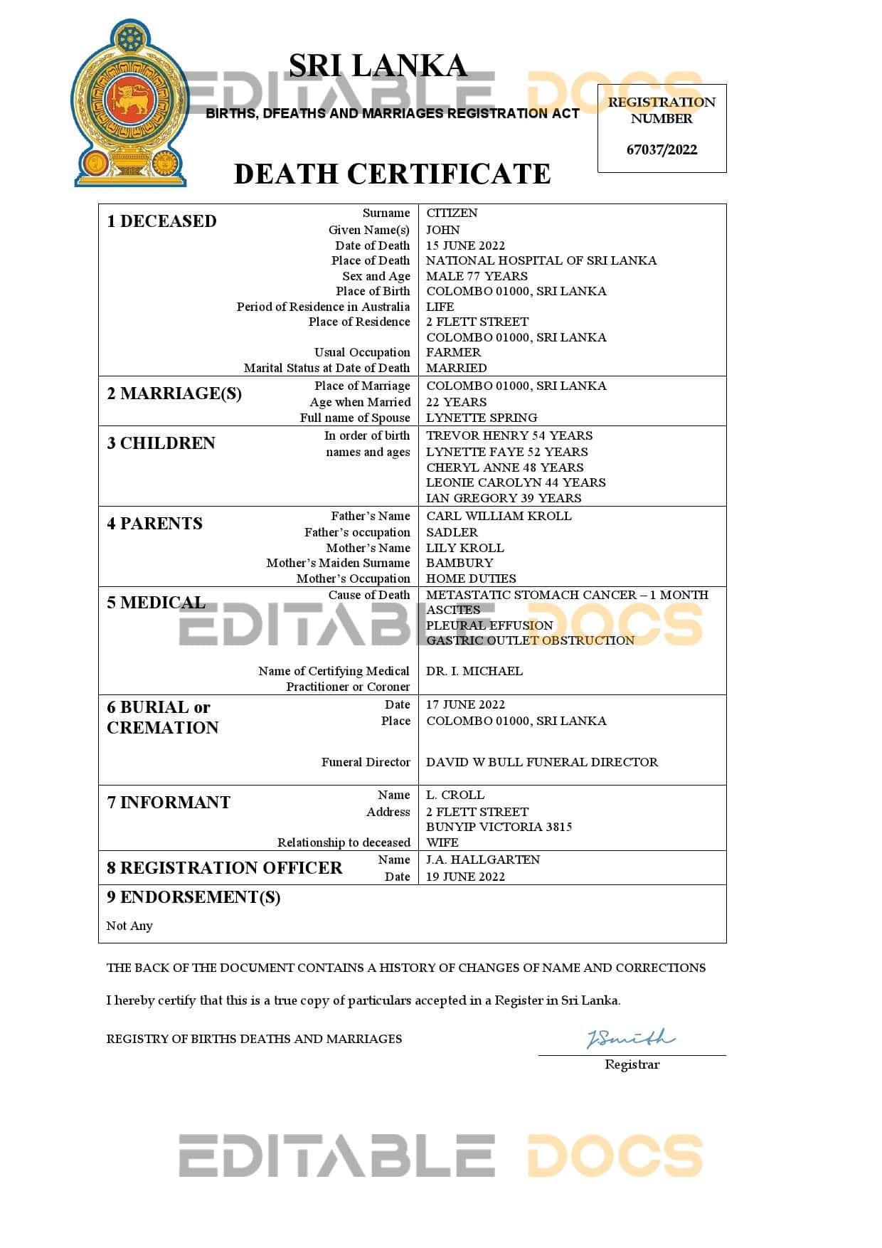 Fillable Sri Lanka Death PDF Templates | Blank Docs