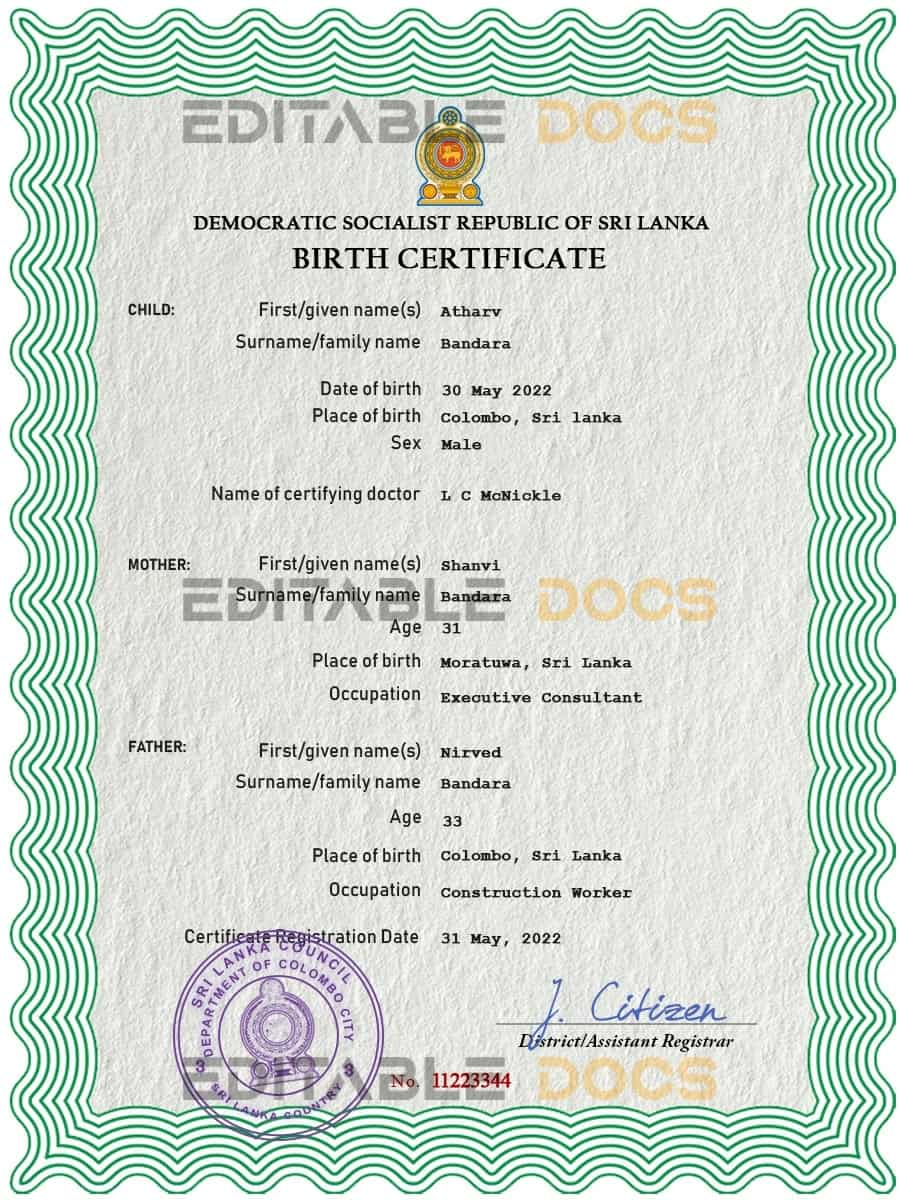 Authentic Sri Lanka Birth Certificate Template | Customize and Download Online