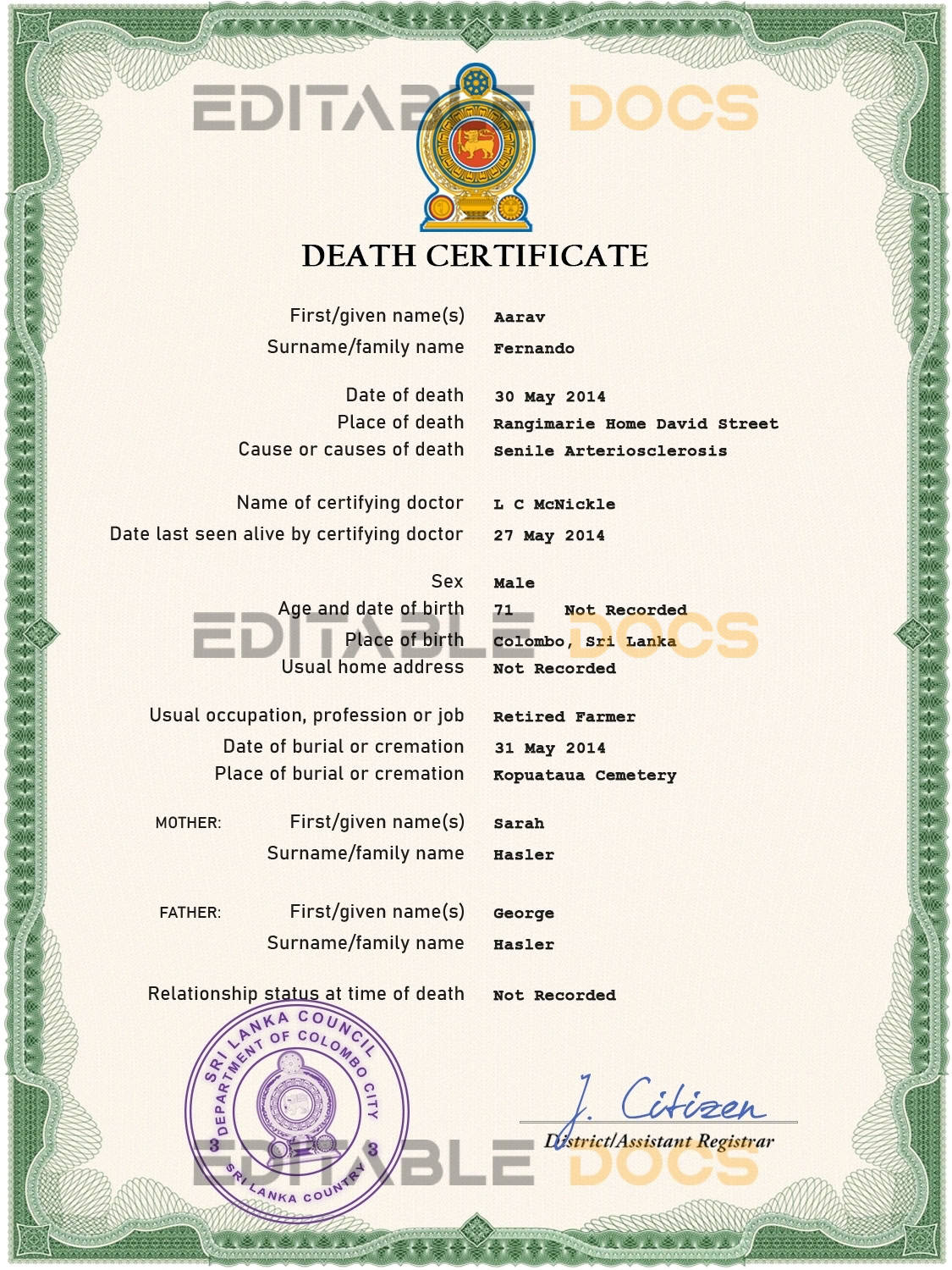 Customizable Sri Lanka Death Certificate PSD Templates | Instant Download