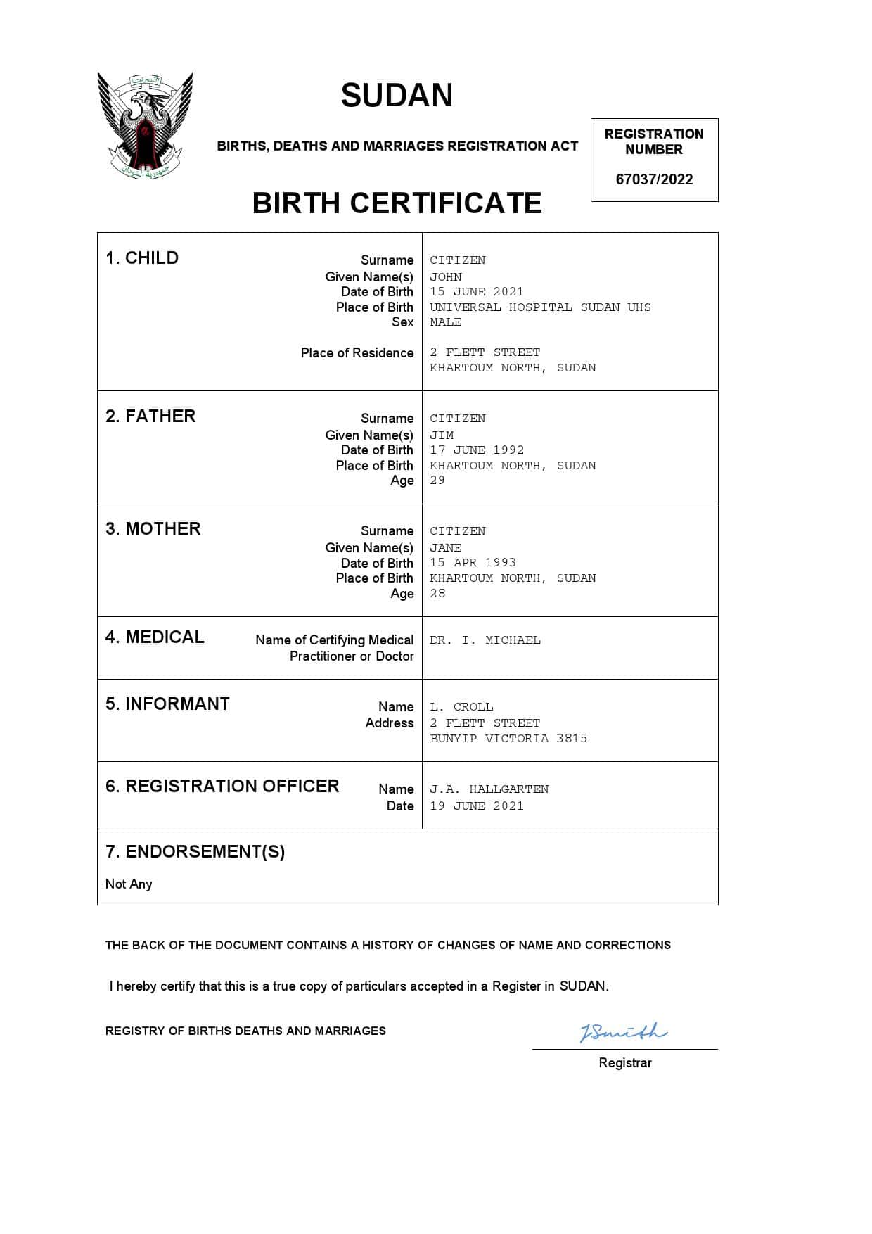 Authentic Sudan Birth Certificate Template | Customize and Download Online
