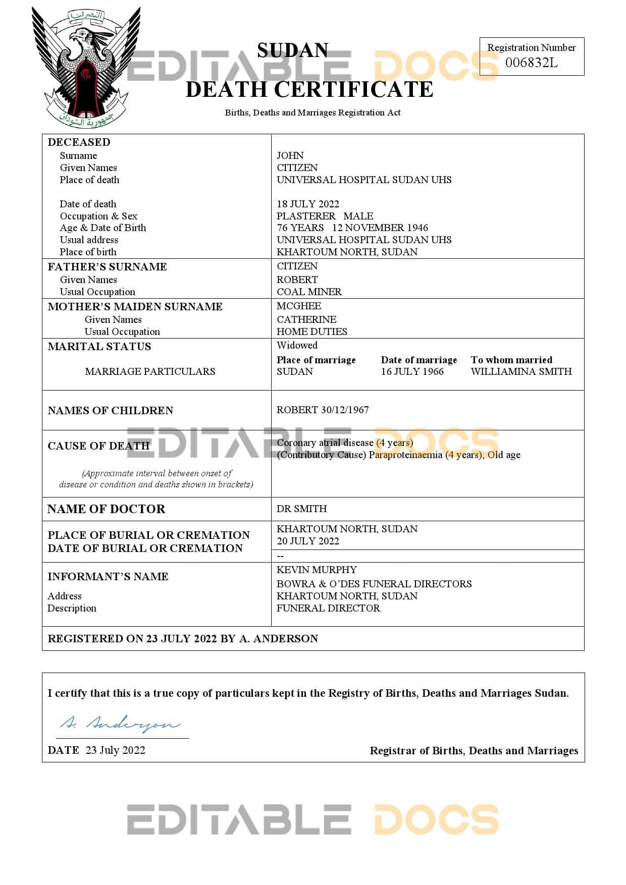 Fillable Sudan Death PDF Templates | Blank Docs
