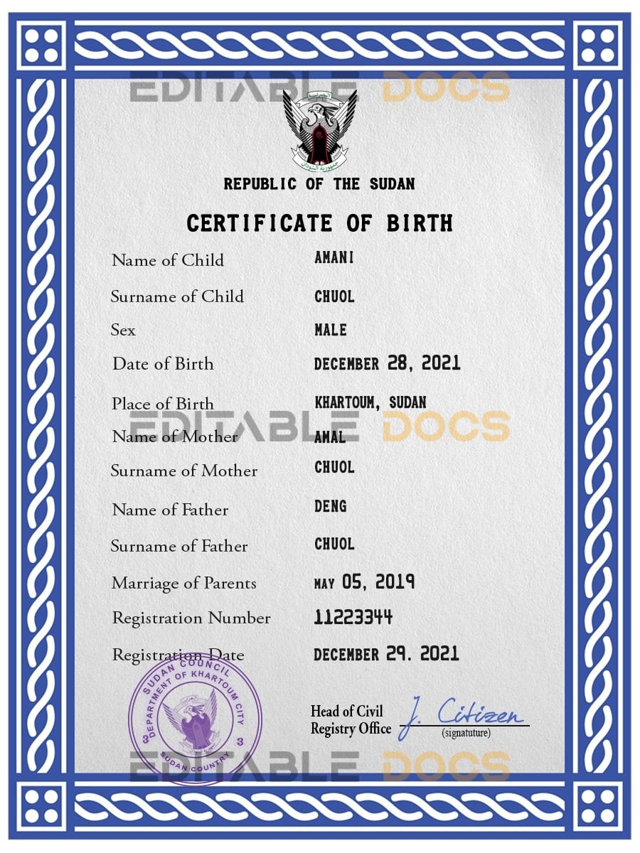 Authentic Sudan Birth Certificate Template | Customize and Download Online