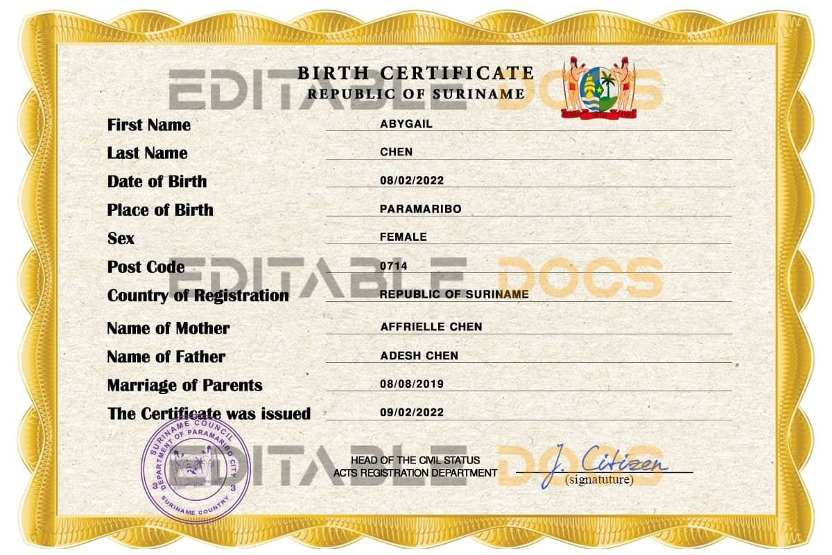 Authentic Suriname Birth Certificate Template | Customize and Download Online