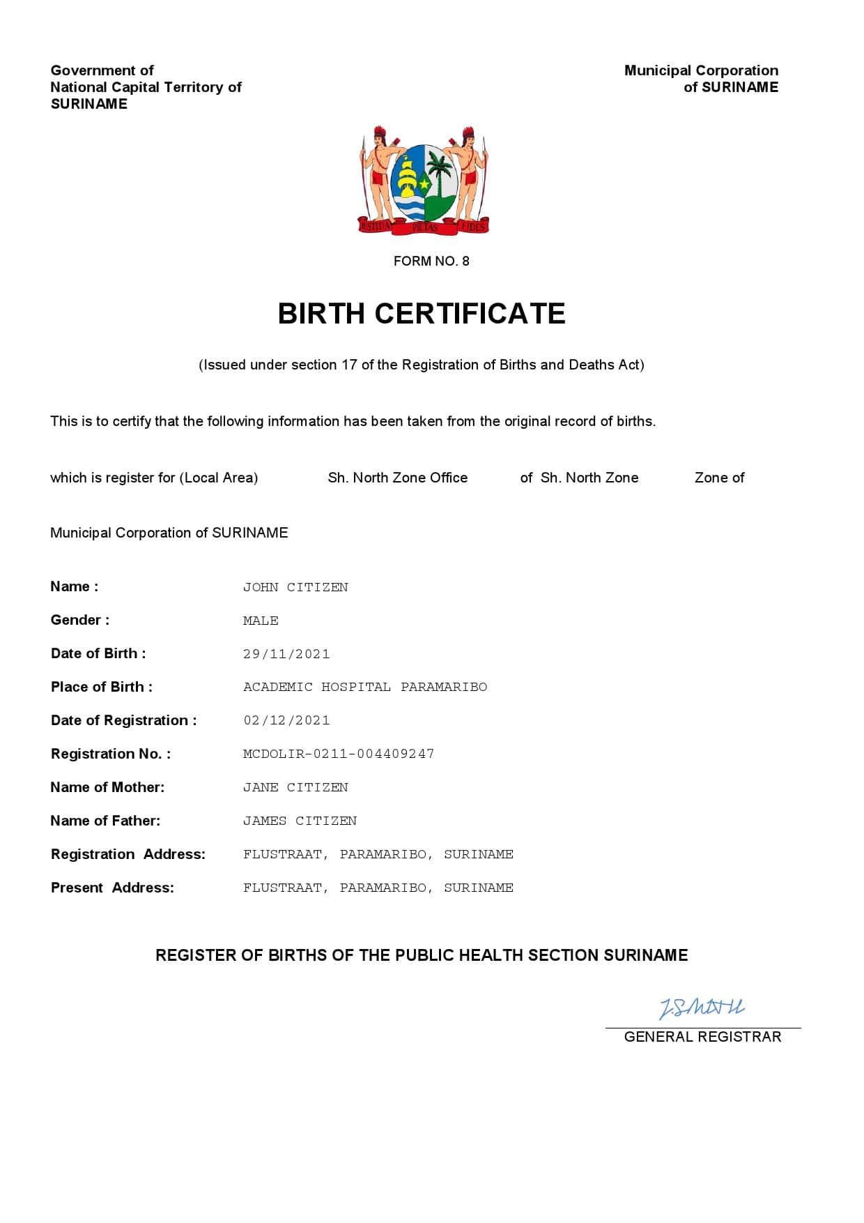 Authentic Suriname Birth Certificate Template | Customize and Download Online