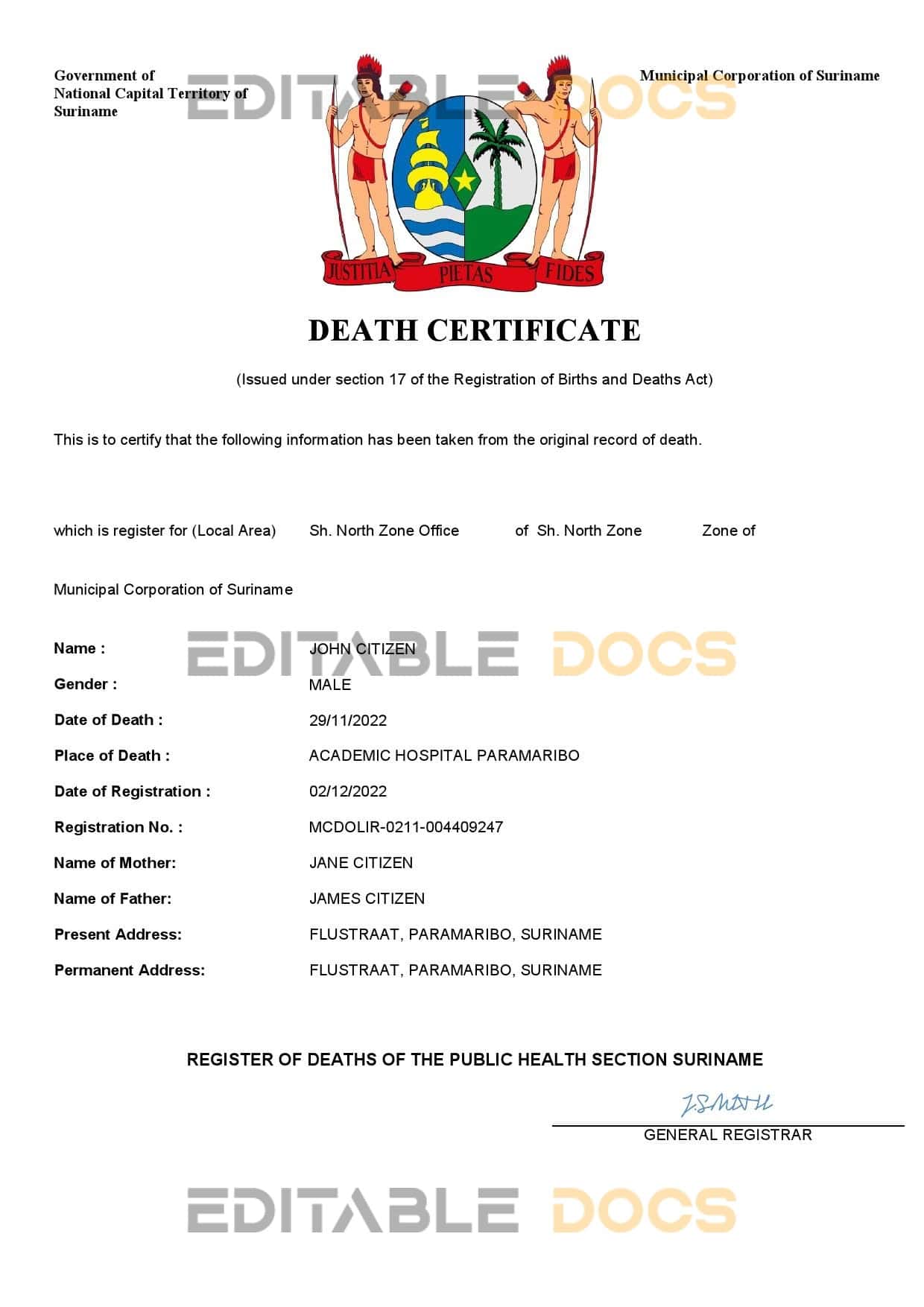 Fillable Suriname Death PDF Templates | Blank Docs