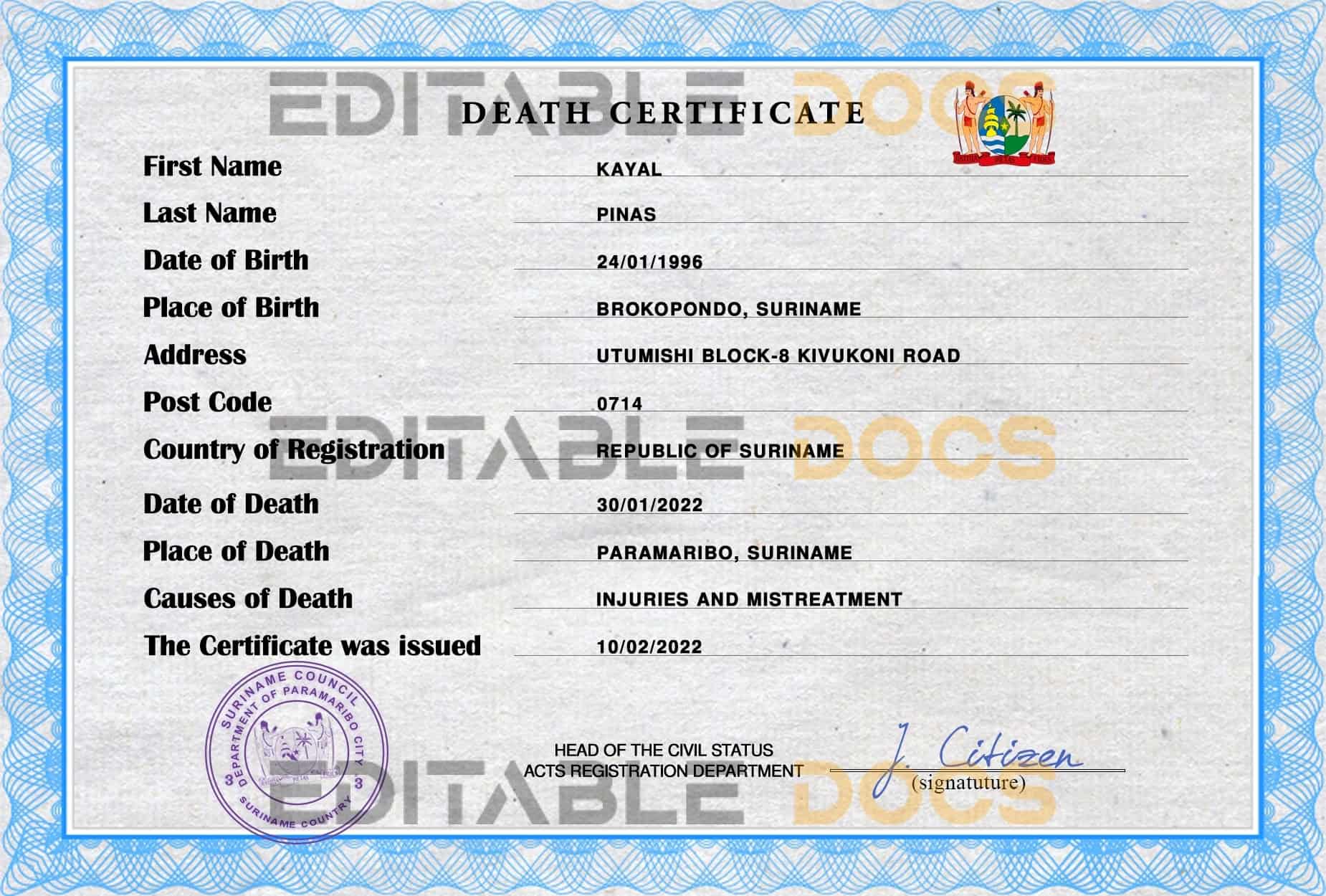 Customizable Suriname Death Certificate PSD Templates | Instant Download