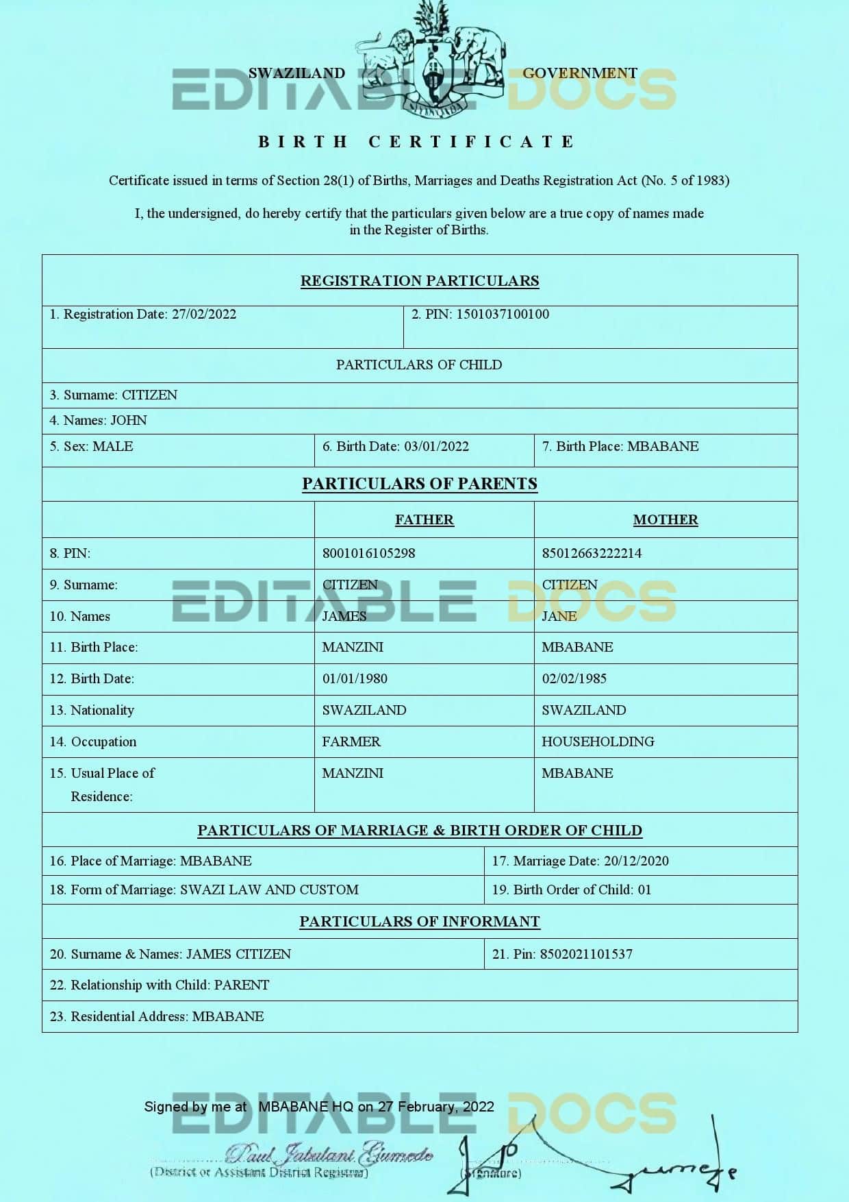 Authentic Swaziland Birth Certificate Template | Customize and Download Online