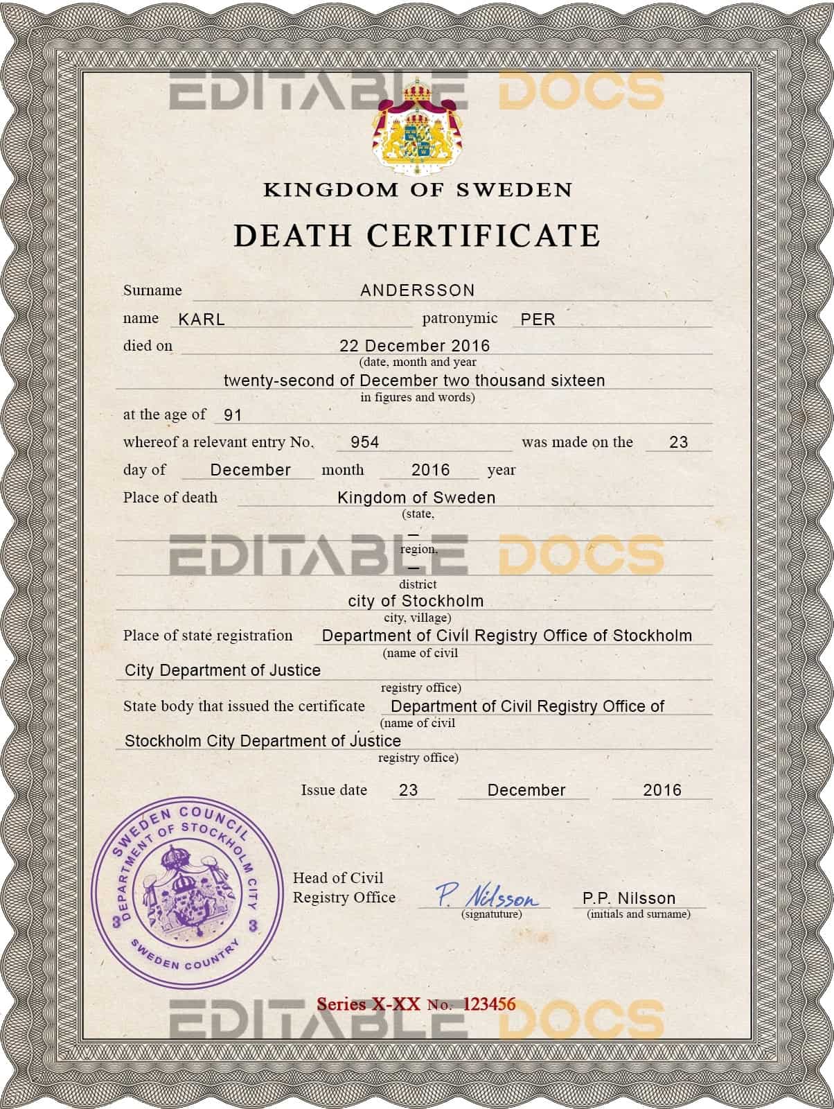 Customizable Sweden Death Certificate PSD Templates | Instant Download